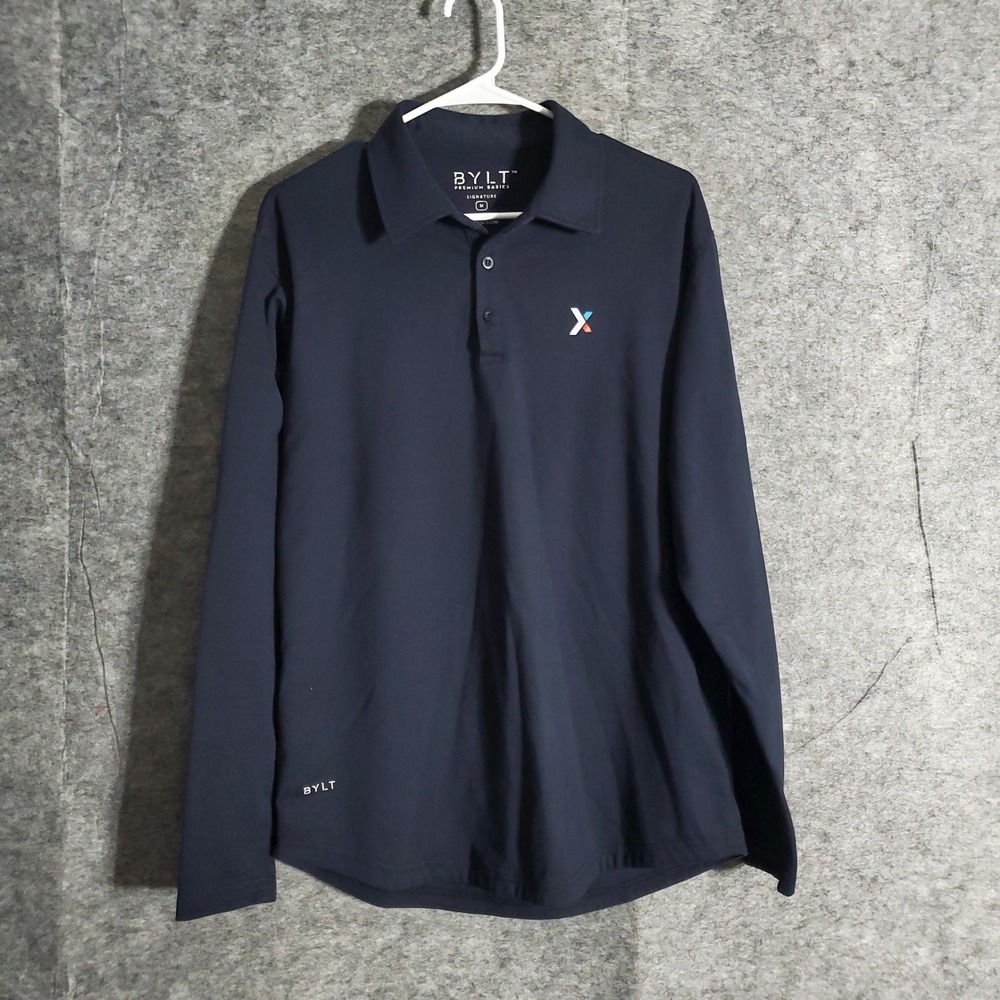BYLT Signature Polo Shirt Men M Navy Blue Long Sleeve Premium Basics Stretch Fit